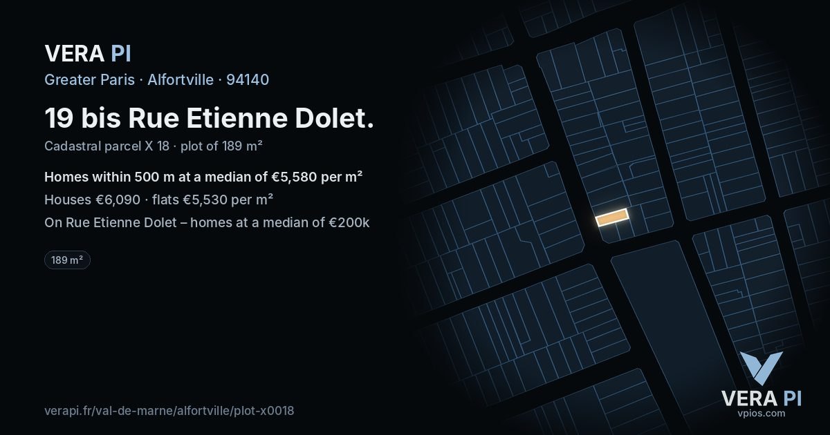 19 bis Rue Etienne Dolet, Alfortville at night – the plot lit, the parcels around coloured by the prices near them