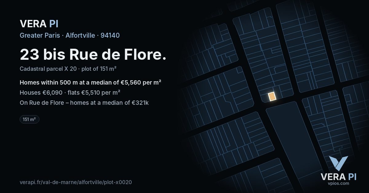 23 bis Rue de Flore, Alfortville at night – the plot lit, the parcels around coloured by the prices near them