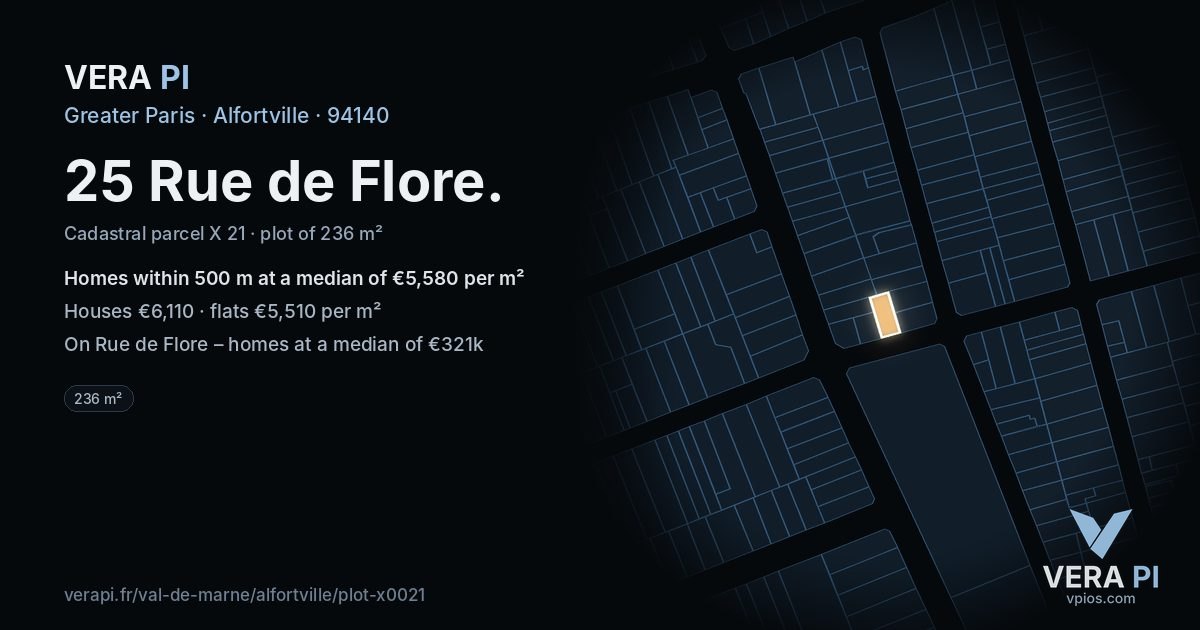 25 Rue de Flore, Alfortville at night – the plot lit, the parcels around coloured by the prices near them