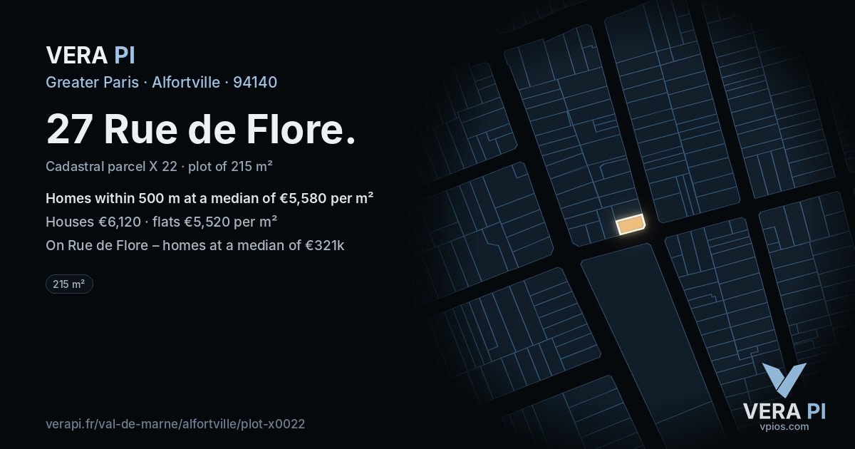 27 Rue de Flore, Alfortville at night – the plot lit, the parcels around coloured by the prices near them