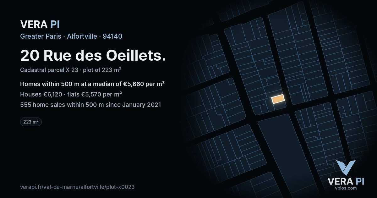 20 Rue des Oeillets, Alfortville at night – the plot lit, the parcels around coloured by the prices near them