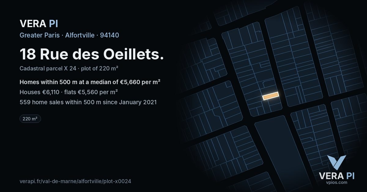 18 Rue des Oeillets, Alfortville at night – the plot lit, the parcels around coloured by the prices near them