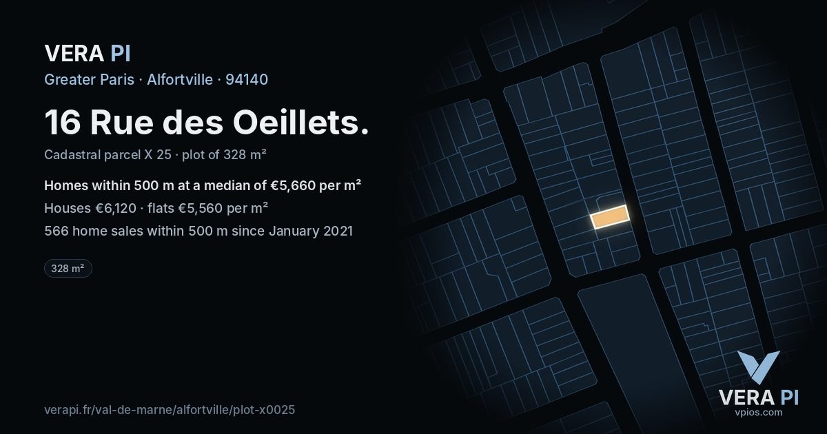 16 Rue des Oeillets, Alfortville at night – the plot lit, the parcels around coloured by the prices near them