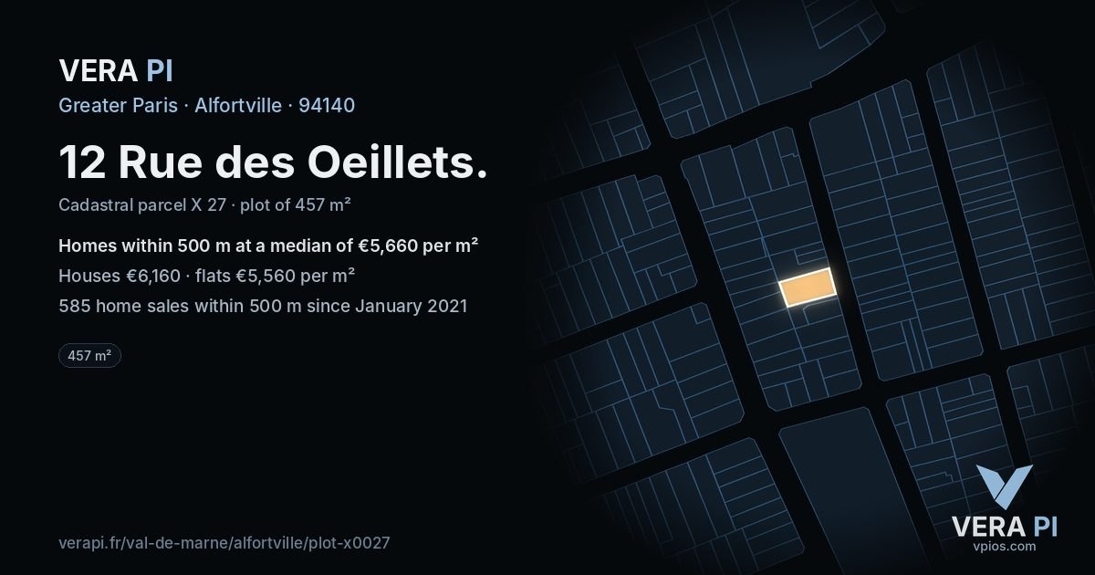 12 Rue des Oeillets, Alfortville at night – the plot lit, the parcels around coloured by the prices near them