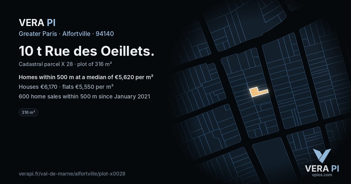 10 t Rue des Oeillets, Alfortville at night – the plot lit, the parcels around coloured by the prices near them
