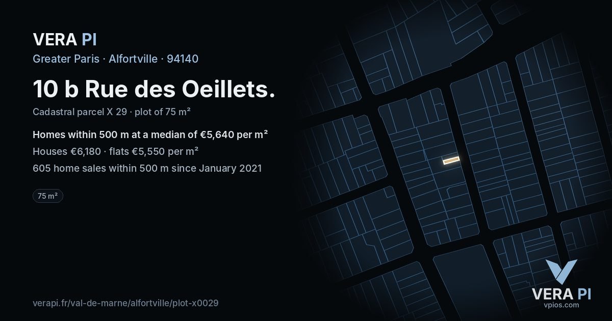 10 b Rue des Oeillets, Alfortville at night – the plot lit, the parcels around coloured by the prices near them