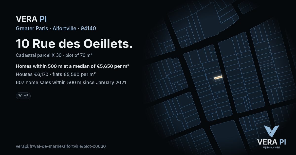 10 Rue des Oeillets, Alfortville at night – the plot lit, the parcels around coloured by the prices near them