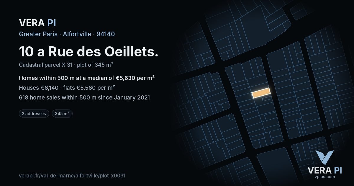 10 a Rue des Oeillets, Alfortville at night – the plot lit, the parcels around coloured by the prices near them