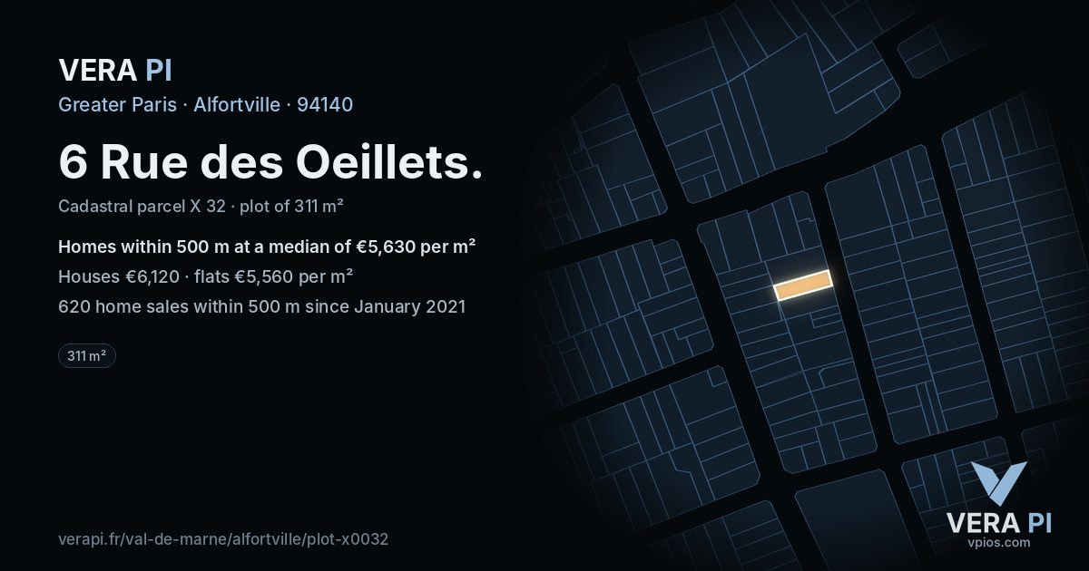 6 Rue des Oeillets, Alfortville at night – the plot lit, the parcels around coloured by the prices near them