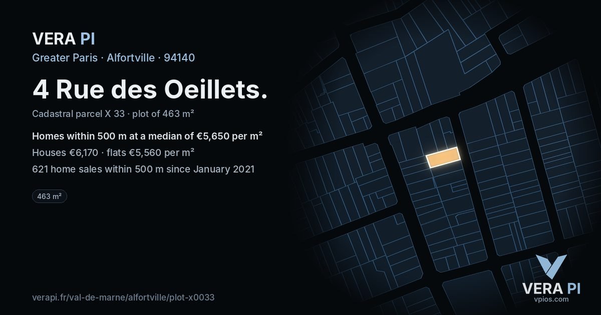 4 Rue des Oeillets, Alfortville at night – the plot lit, the parcels around coloured by the prices near them