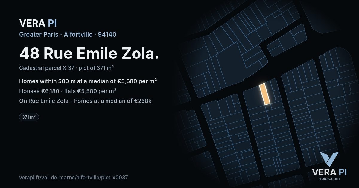 48 Rue Emile Zola, Alfortville at night – the plot lit, the parcels around coloured by the prices near them