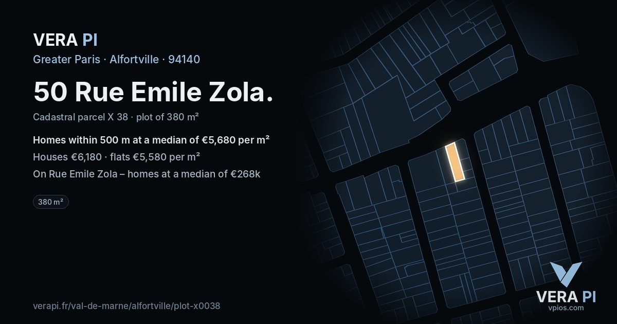 50 Rue Emile Zola, Alfortville at night – the plot lit, the parcels around coloured by the prices near them