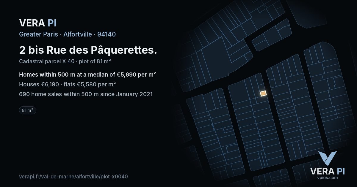 2 bis Rue des Pâquerettes, Alfortville at night – the plot lit, the parcels around coloured by the prices near them