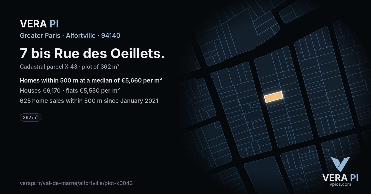 7 bis Rue des Oeillets, Alfortville at night – the plot lit, the parcels around coloured by the prices near them