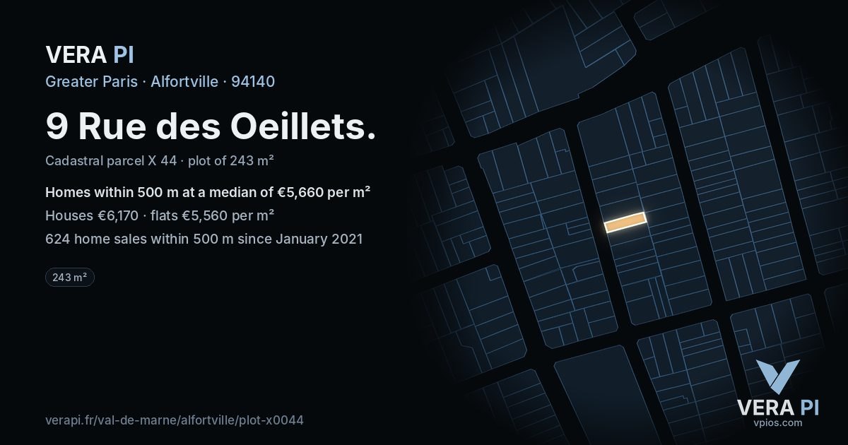 9 Rue des Oeillets, Alfortville at night – the plot lit, the parcels around coloured by the prices near them