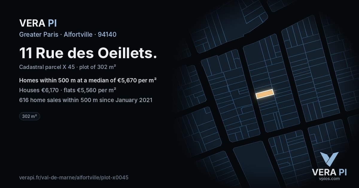 11 Rue des Oeillets, Alfortville at night – the plot lit, the parcels around coloured by the prices near them