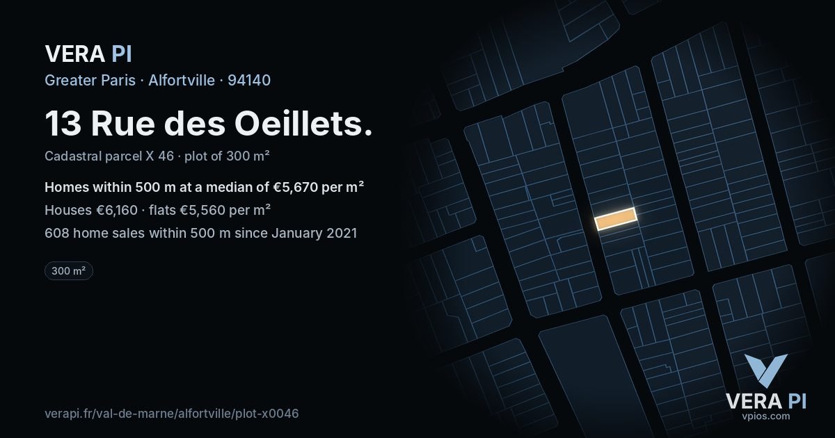 13 Rue des Oeillets, Alfortville at night – the plot lit, the parcels around coloured by the prices near them