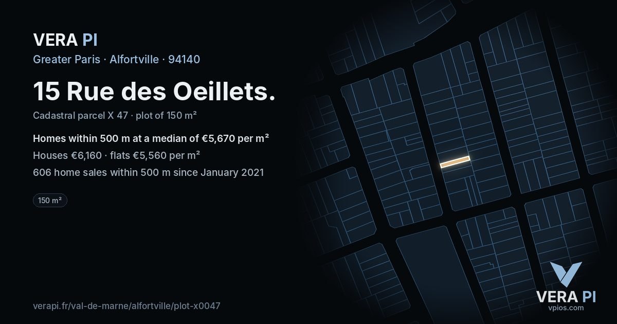 15 Rue des Oeillets, Alfortville at night – the plot lit, the parcels around coloured by the prices near them