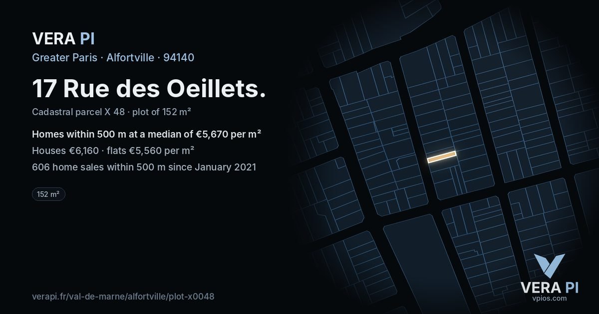 17 Rue des Oeillets, Alfortville at night – the plot lit, the parcels around coloured by the prices near them