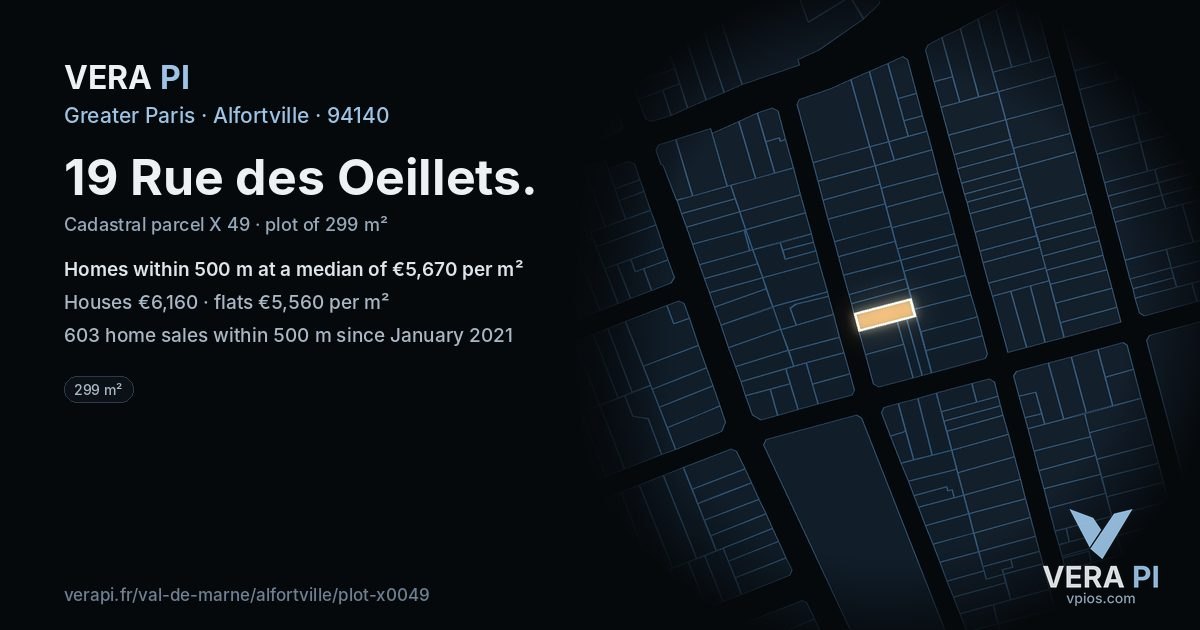 19 Rue des Oeillets, Alfortville at night – the plot lit, the parcels around coloured by the prices near them
