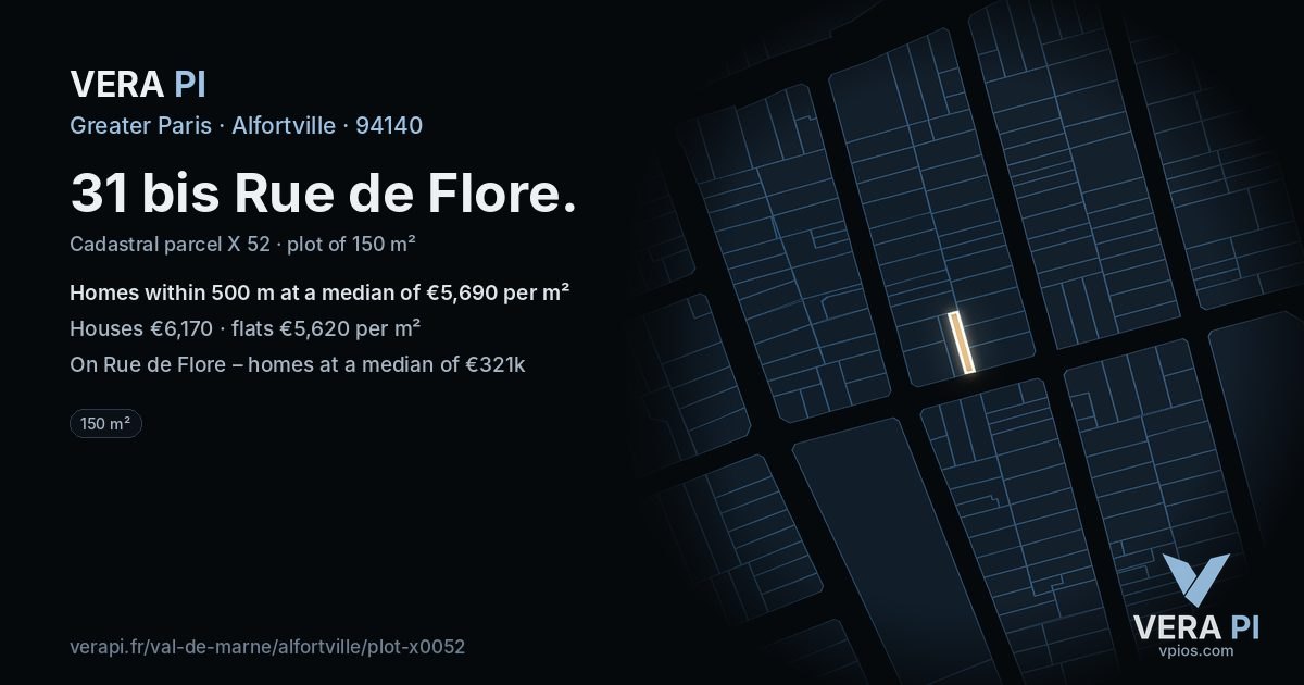 31 bis Rue de Flore, Alfortville at night – the plot lit, the parcels around coloured by the prices near them