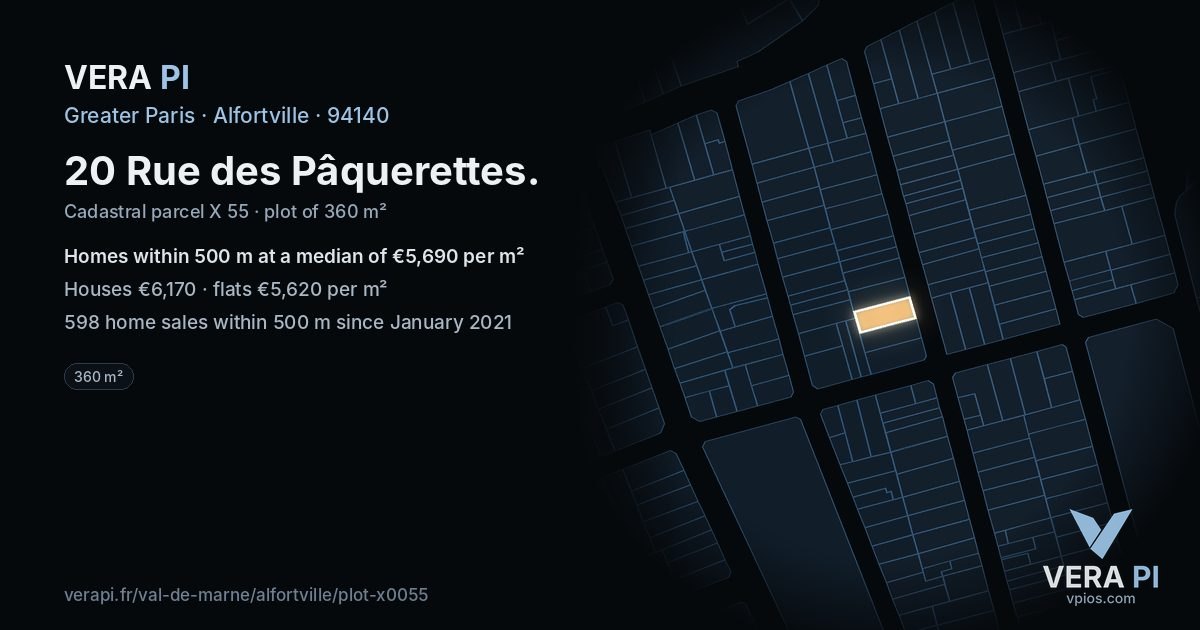 20 Rue des Pâquerettes, Alfortville at night – the plot lit, the parcels around coloured by the prices near them