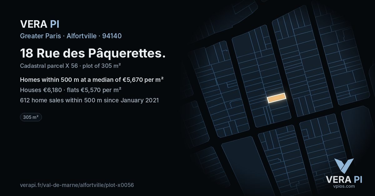 18 Rue des Pâquerettes, Alfortville at night – the plot lit, the parcels around coloured by the prices near them