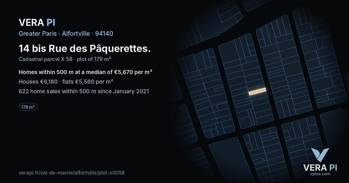 14 bis Rue des Pâquerettes, Alfortville at night – the plot lit, the parcels around coloured by the prices near them