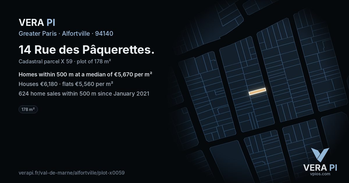 14 Rue des Pâquerettes, Alfortville at night – the plot lit, the parcels around coloured by the prices near them