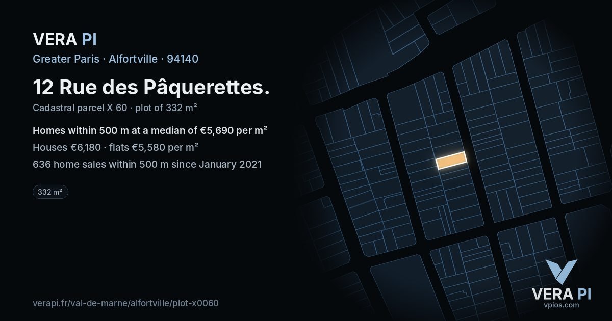 12 Rue des Pâquerettes, Alfortville at night – the plot lit, the parcels around coloured by the prices near them