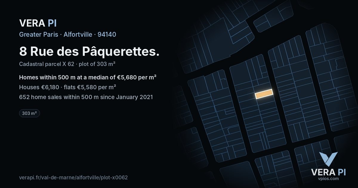 8 Rue des Pâquerettes, Alfortville at night – the plot lit, the parcels around coloured by the prices near them