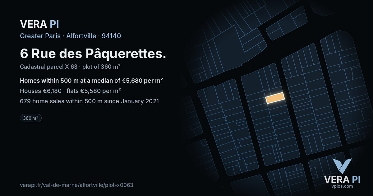 6 Rue des Pâquerettes, Alfortville at night – the plot lit, the parcels around coloured by the prices near them