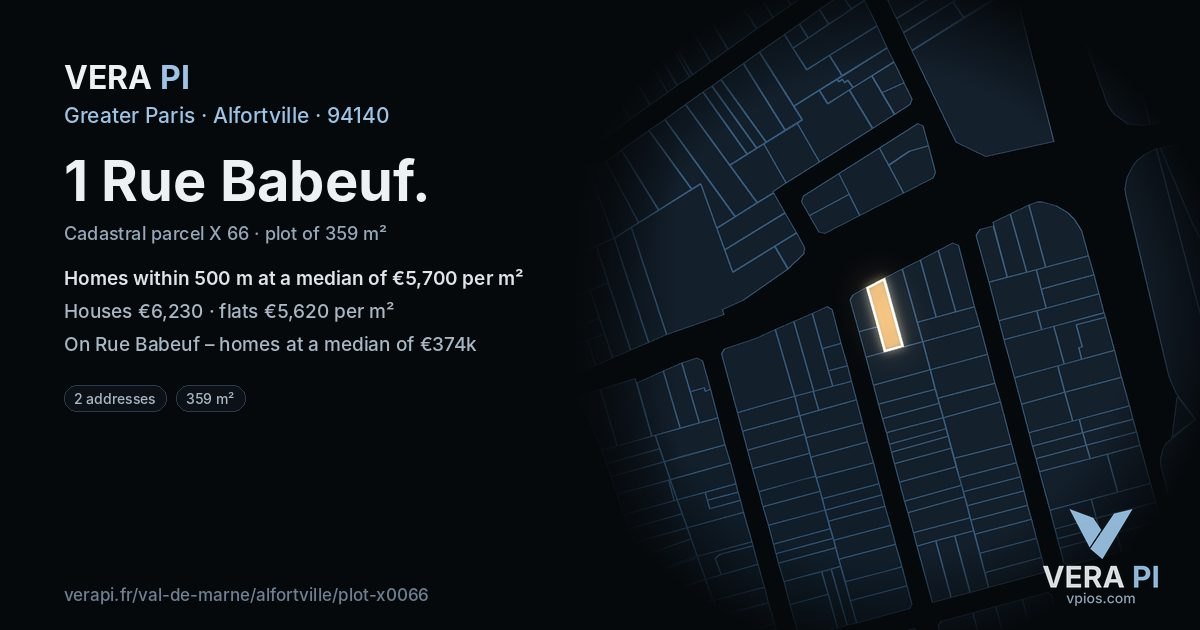 1 Rue Babeuf, Alfortville at night – the plot lit, the parcels around coloured by the prices near them