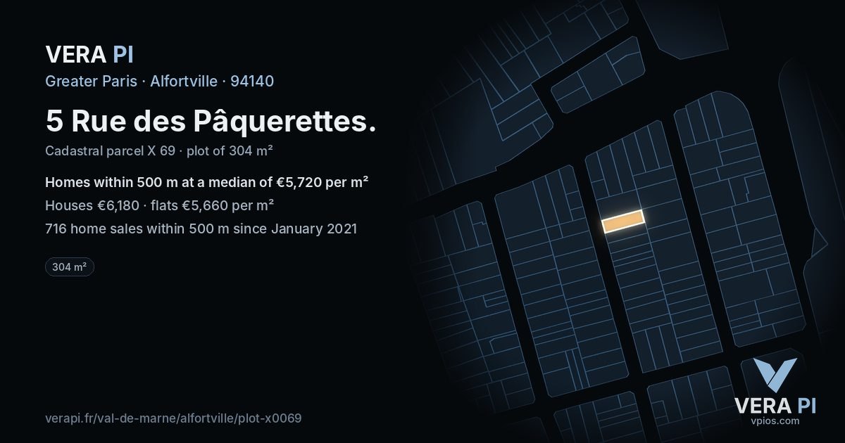 5 Rue des Pâquerettes, Alfortville at night – the plot lit, the parcels around coloured by the prices near them