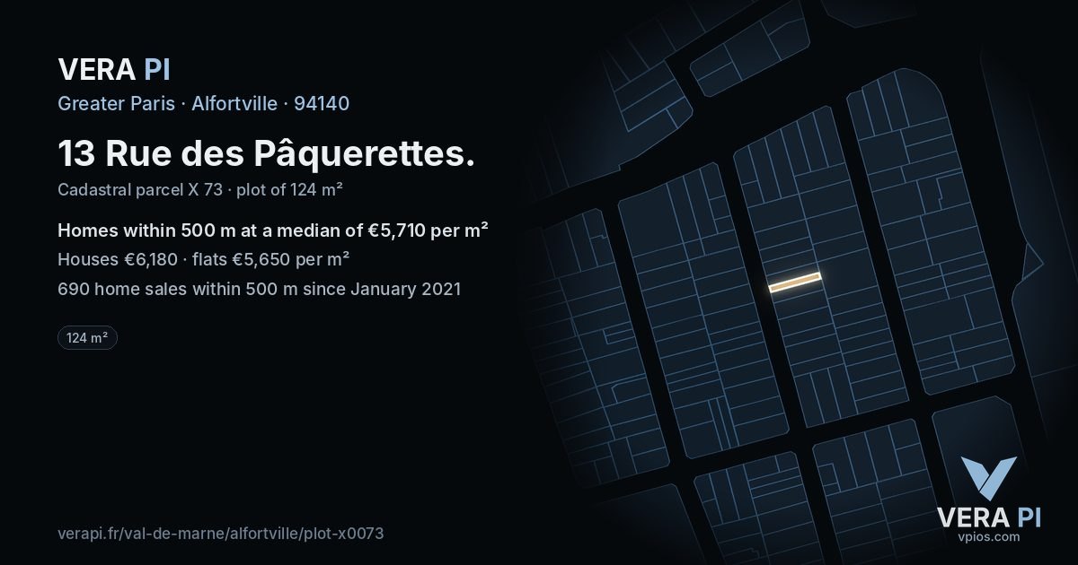 13 Rue des Pâquerettes, Alfortville at night – the plot lit, the parcels around coloured by the prices near them