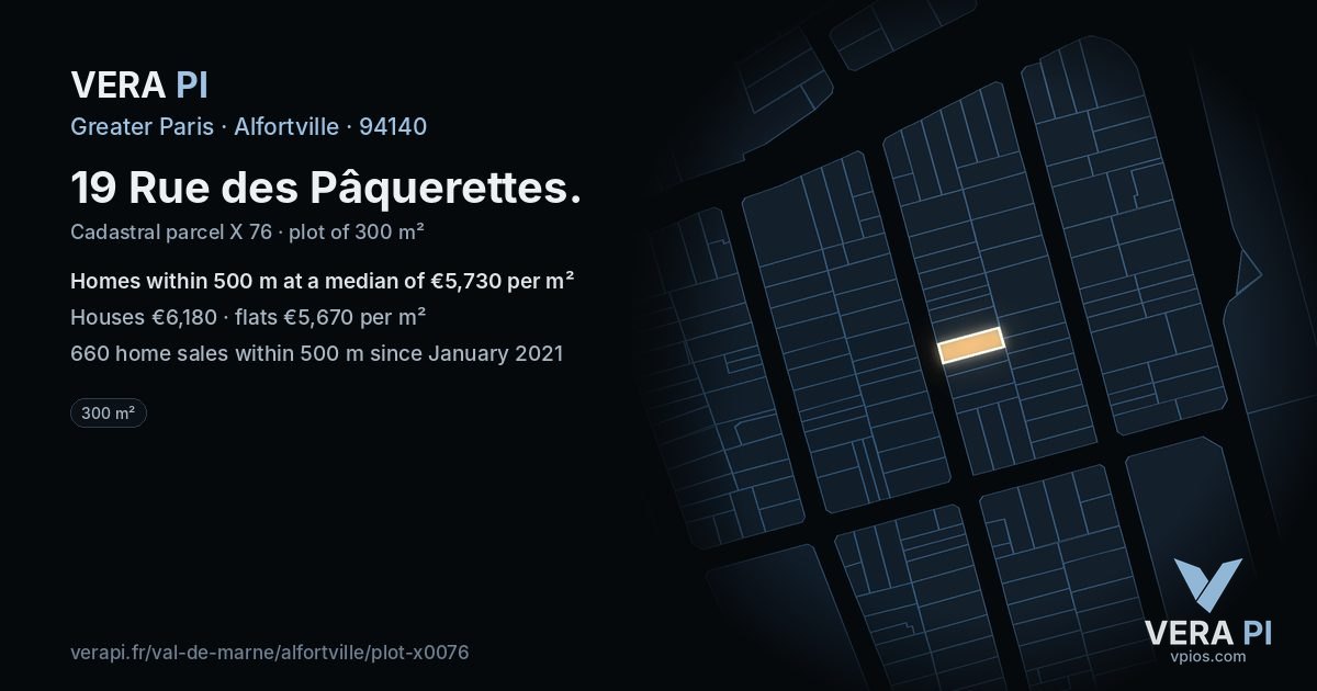 19 Rue des Pâquerettes, Alfortville at night – the plot lit, the parcels around coloured by the prices near them