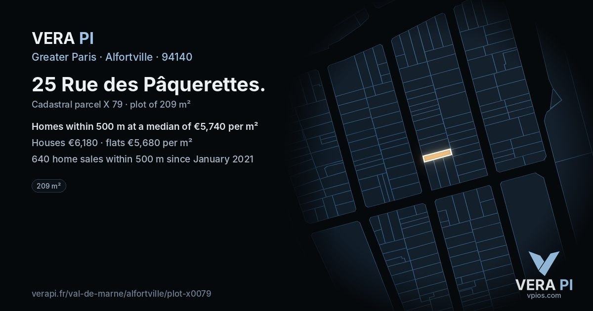 25 Rue des Pâquerettes, Alfortville at night – the plot lit, the parcels around coloured by the prices near them