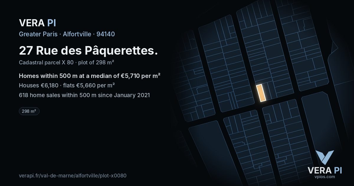 27 Rue des Pâquerettes, Alfortville at night – the plot lit, the parcels around coloured by the prices near them