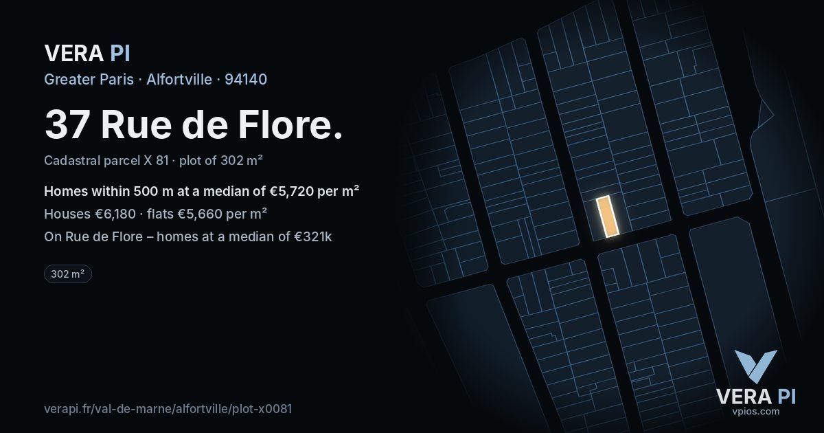 37 Rue de Flore, Alfortville at night – the plot lit, the parcels around coloured by the prices near them