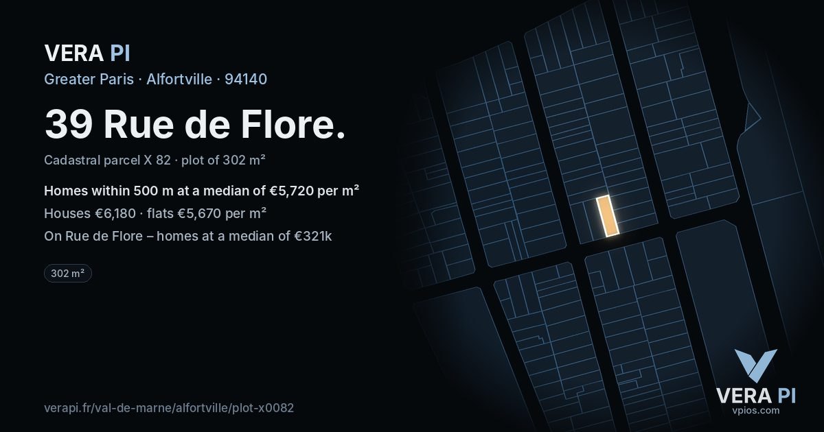 39 Rue de Flore, Alfortville at night – the plot lit, the parcels around coloured by the prices near them