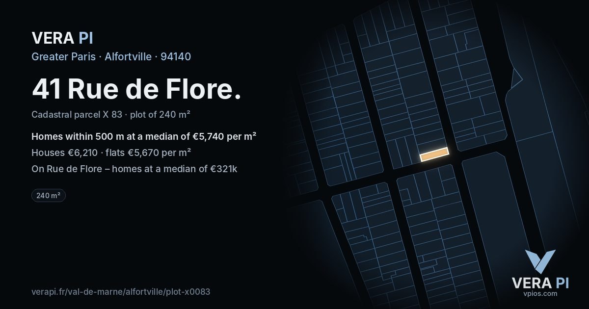 41 Rue de Flore, Alfortville at night – the plot lit, the parcels around coloured by the prices near them