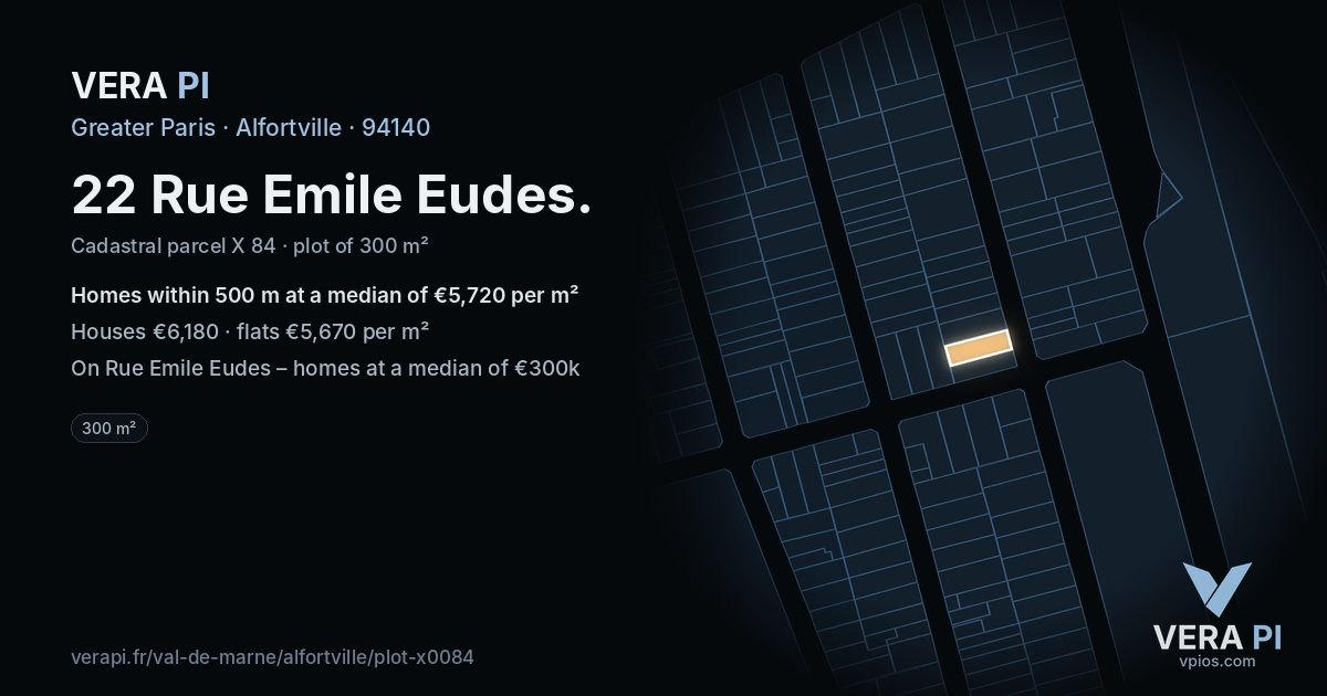 22 Rue Emile Eudes, Alfortville at night – the plot lit, the parcels around coloured by the prices near them