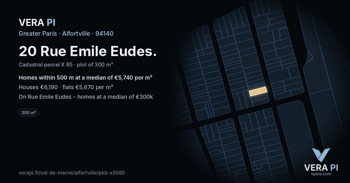 20 Rue Emile Eudes, Alfortville at night – the plot lit, the parcels around coloured by the prices near them