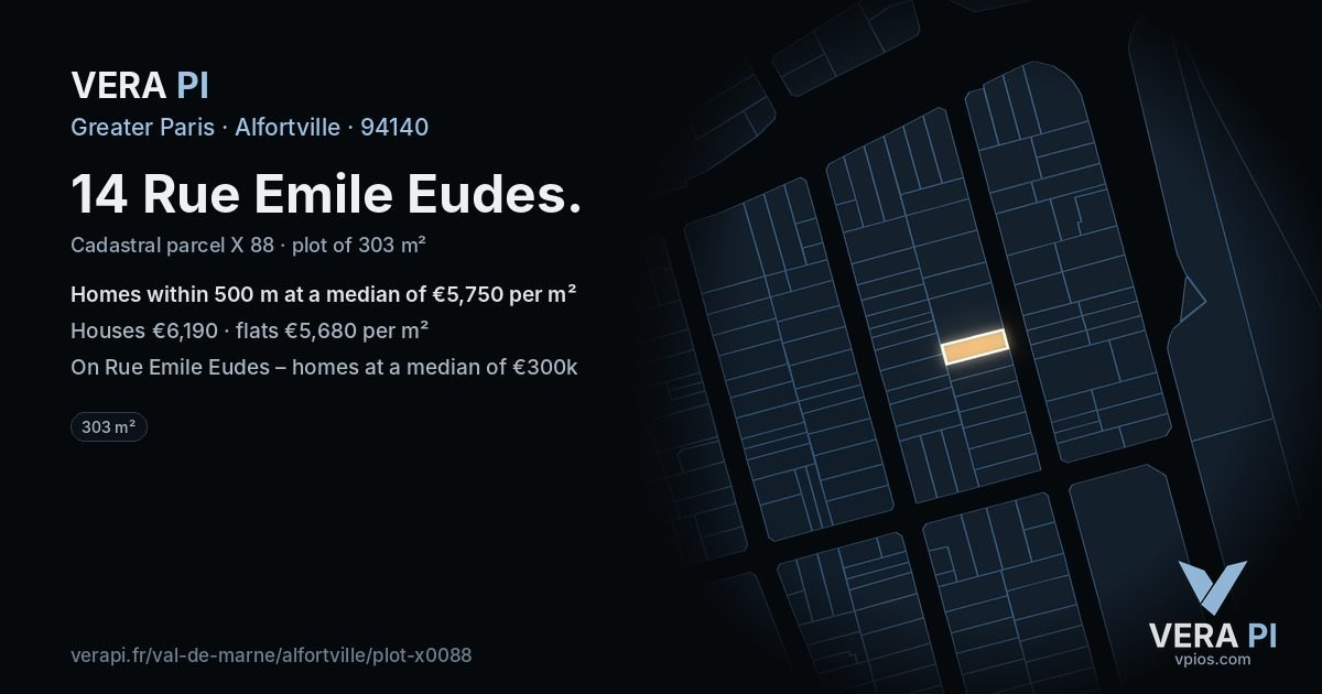 14 Rue Emile Eudes, Alfortville at night – the plot lit, the parcels around coloured by the prices near them
