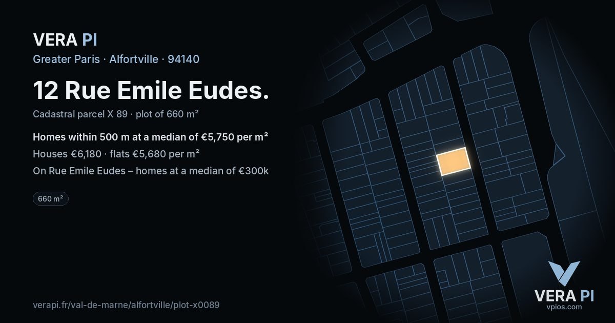 12 Rue Emile Eudes, Alfortville at night – the plot lit, the parcels around coloured by the prices near them