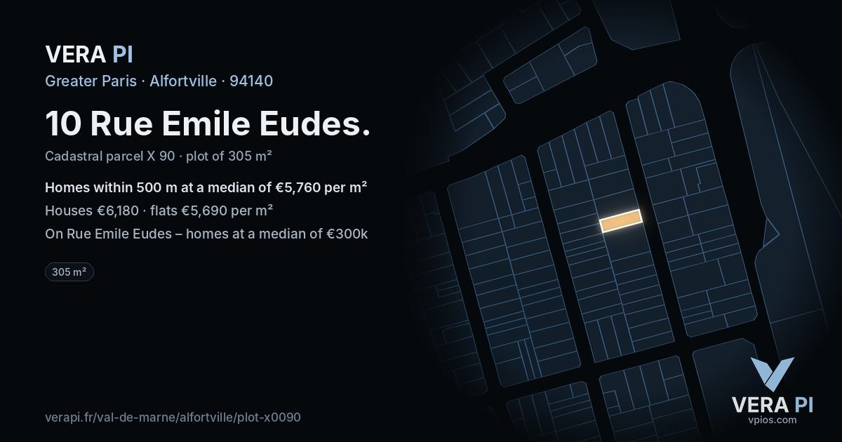 10 Rue Emile Eudes, Alfortville at night – the plot lit, the parcels around coloured by the prices near them