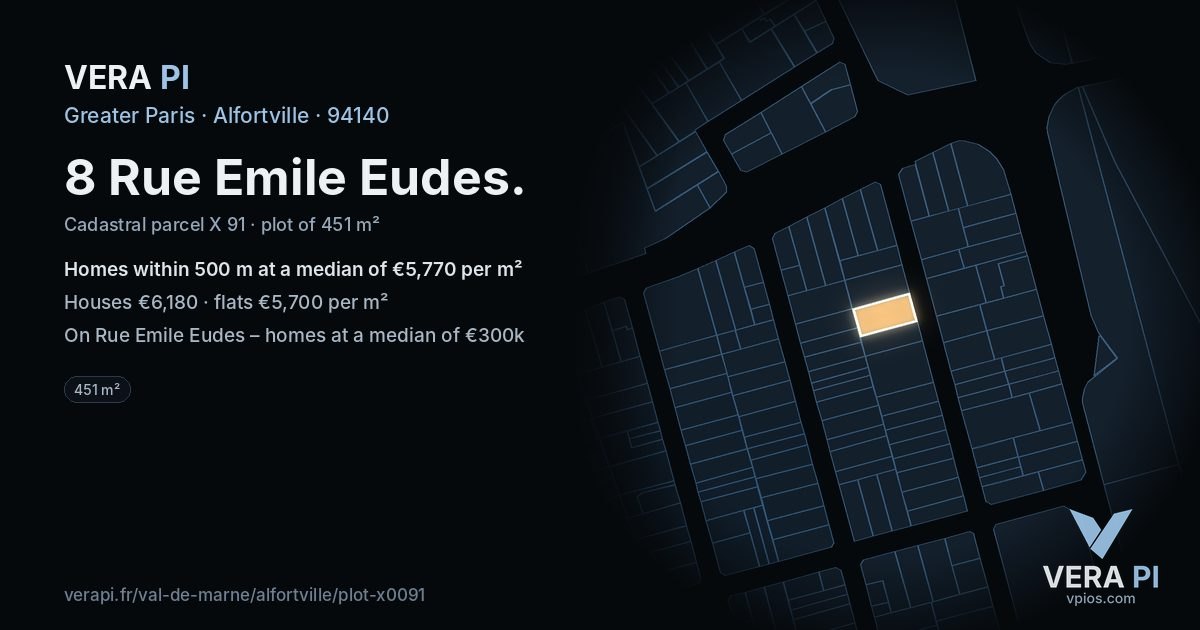 8 Rue Emile Eudes, Alfortville at night – the plot lit, the parcels around coloured by the prices near them