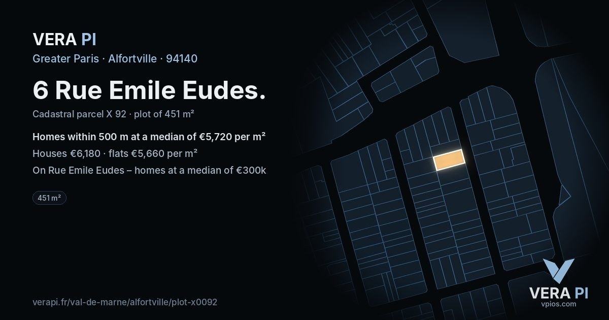 6 Rue Emile Eudes, Alfortville at night – the plot lit, the parcels around coloured by the prices near them
