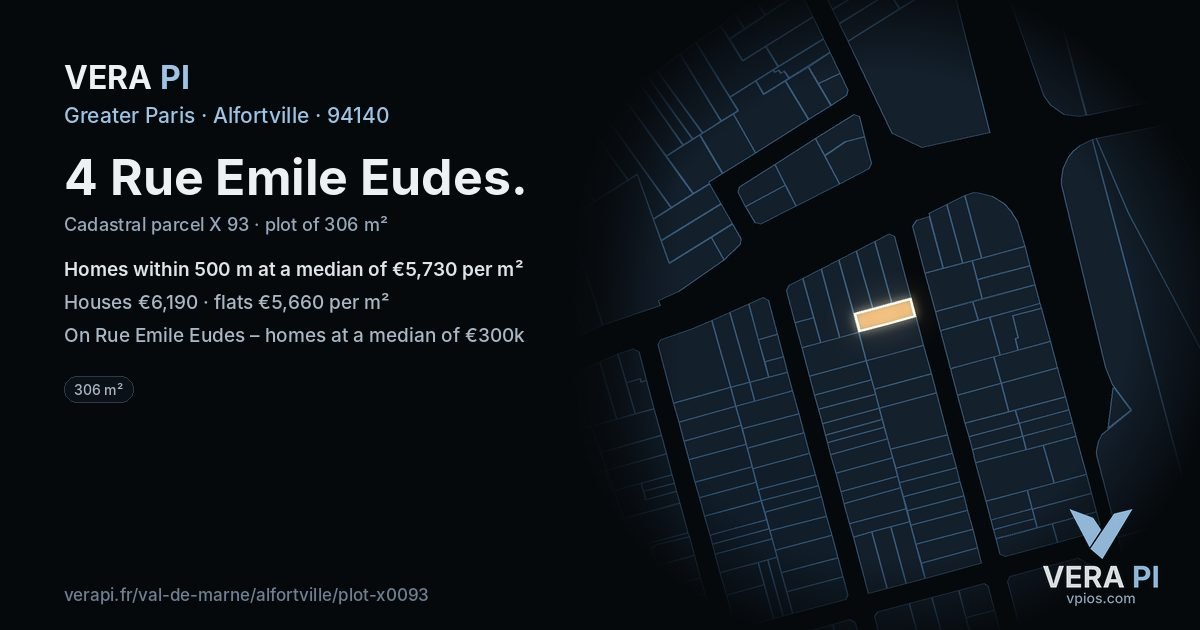 4 Rue Emile Eudes, Alfortville at night – the plot lit, the parcels around coloured by the prices near them