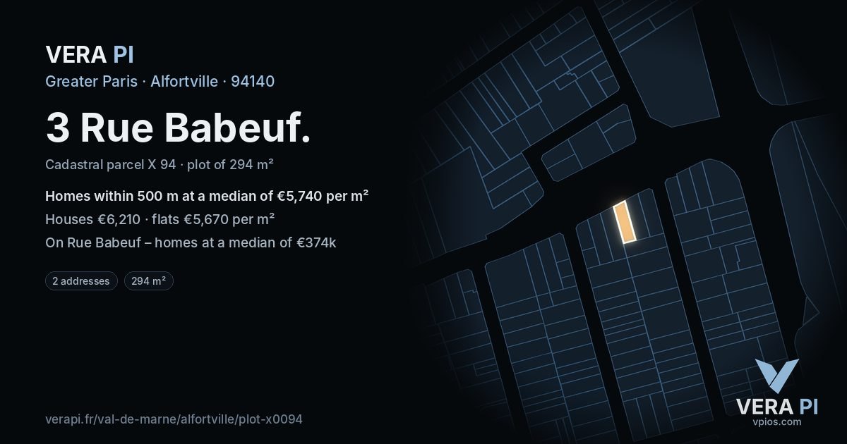 3 Rue Babeuf, Alfortville at night – the plot lit, the parcels around coloured by the prices near them
